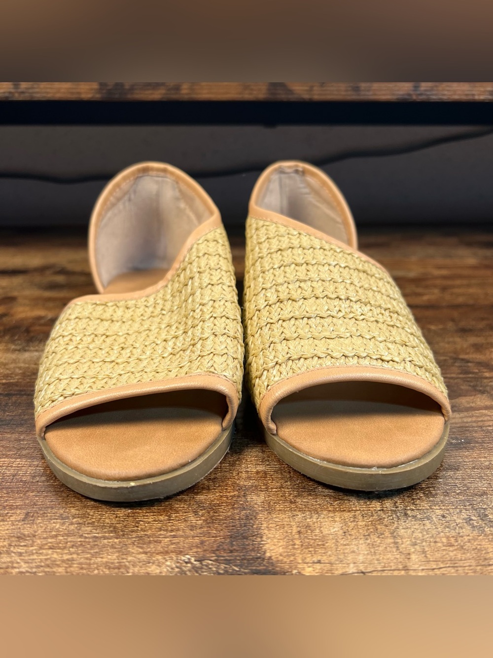 Bamboo Sandals Tan Basketweave Slip On Flat Boho Peep Toe women's 8 - Picture 3 of 8